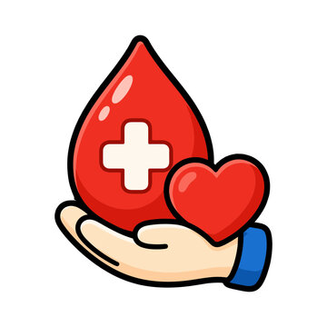 Blood donation symbol with red blood drop heart and helping hand for medical charity campaigns