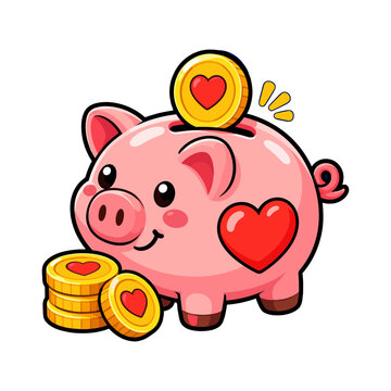 Pink piggy bank with heart symbol and coins representing charitable savings financial support and donations