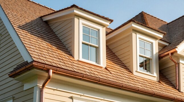 Traditional beige house exterior shows dormer windows with white frames, cedar shake roof, and copper gutters. Natural light streams onto the building facade.