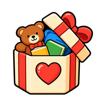 Charity gift box with heart symbol toys and teddy bear for donation and community care