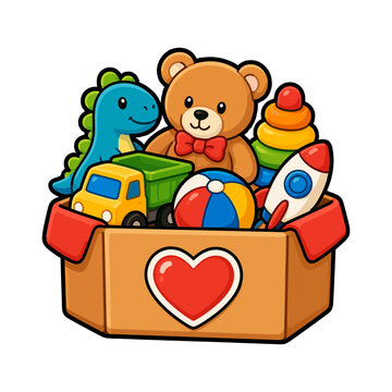 Charity donation box filled with toys food and household items for community giving and support