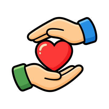 Helping hands holding a red heart as a symbol of charity donation care and community support
