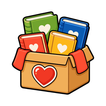 Charity donation box filled with colorful supplies and heart symbol for community giving and support