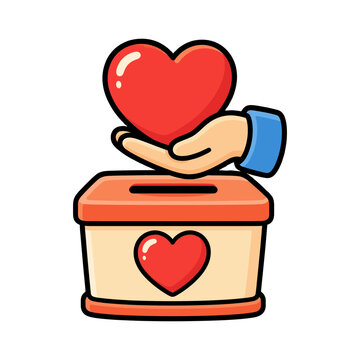 Charity donation box with red heart and helping hand symbol for fundraising and giving campaigns