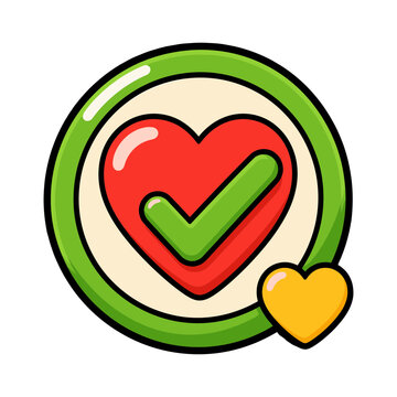 Green approval badge with red heart symbol representing successful charity donation support and positive giving