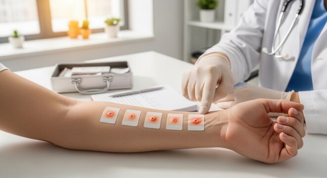 Doctor performs allergy patch test on patient's arm to diagnose skin conditions and sensitivities in a clinical setting.