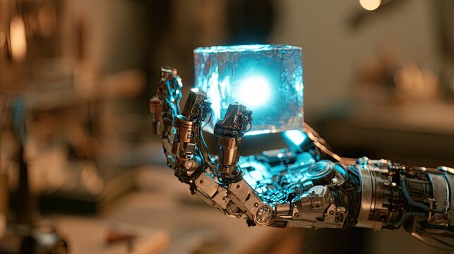 Robotic hand holds glowing blue cube in workshop, sparks flying