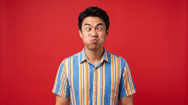 Funny Asian man cross-eyed and puffing his cheeks with a silly face expression isolated on red background