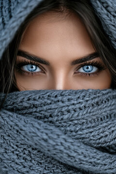Woman with pale blue eyes close up knitted scarf winter intense gaze beauty fashion female cold cozy mysterious soft texture young model face