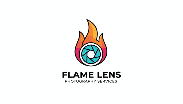 Creative camera lens logo with hot fire flames representing professional and modern photography services brand.