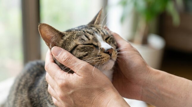Close-up of a person gently petting a tabby cats head with eyes closed.
