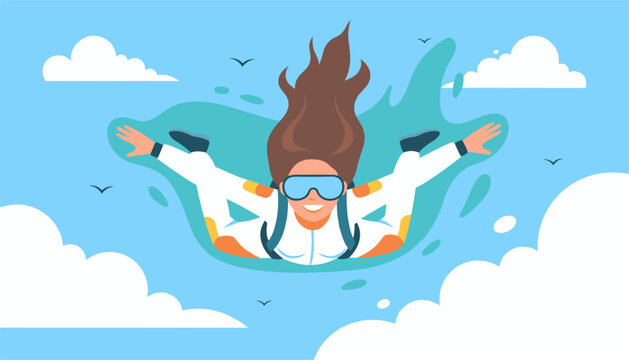 Female skydiver in a white suit with goggles freefalling through the blue sky with clouds and birds in a thrill-seeking adventure.