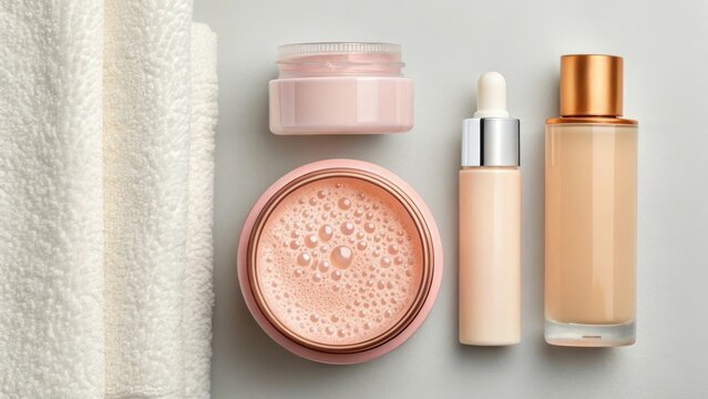 Set of cosmetic makeup foundation bottles and powder compact on a silver sequin background for beauty and skincare