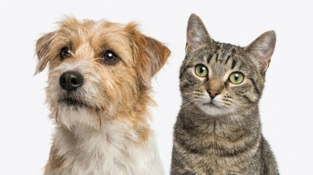 Close-up portrait of a scruffy terrier dog and a tabby cat side by side.