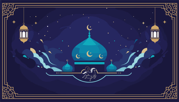 Islamic holiday background with a beautiful blue mosque under a starry night sky, crescent moon, and golden hanging lanterns.