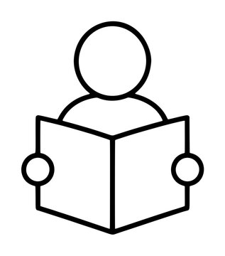 Minimalist black outline vector illustration of a person reading an open book, depicting a quiet student studying with a simple linear icon style on transparent background for educational resources