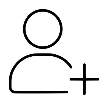 Add user account symbol, outline minimalist black vector icon depicting a stylized human silhouette beside a plus sign, perfect for registration, signup, or member addition interface design elements
