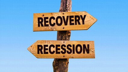 Wooden signpost with recovery and recession signs pointing in opposite directions, signpost ©  HomePlanet