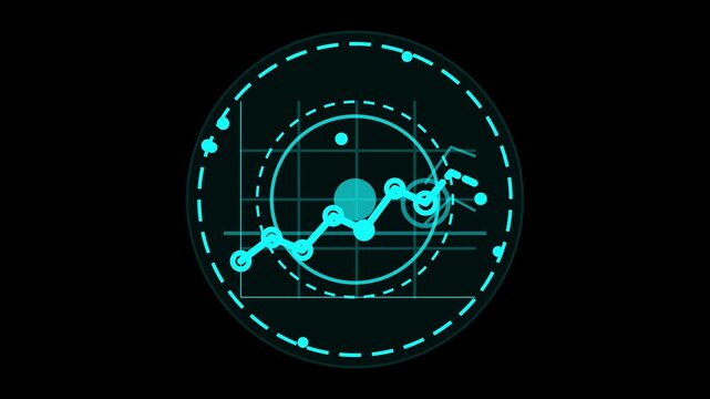 Futuristic digital UI interface HUD circle with glowing blue line graph showing growth and data analytics on dark background for tech visuals