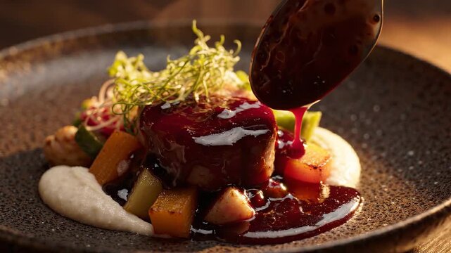 Gourmet Chef Drizzling Rich Red Wine Sauce over Tender Beef Medallion and Roasted Seasonal Vegetables in a Luxury Restaurant Setting