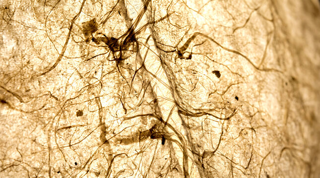Creased abaca paper texture with visible fibers and natural imperfections featuring translucent
