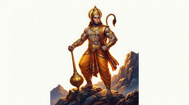 Lord Hanuman Hindu deity illustration, powerful monkey god with mace on mountain, religious spiritual art for Diwali and festivals