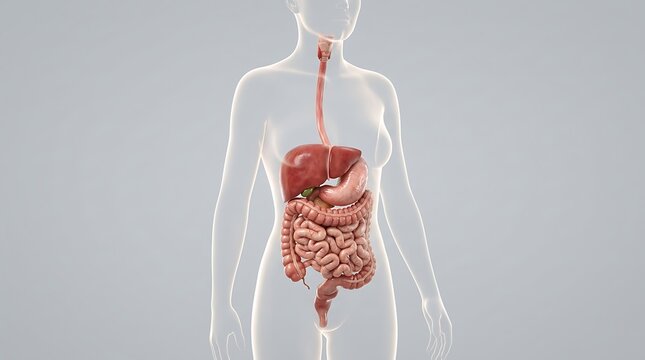 Human digestive system anatomy, female body silhouette with internal organs, medical 3D illustration of gastrointestinal tract