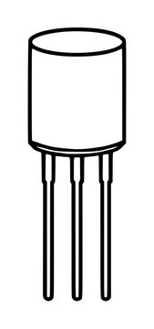 Hand-traced black line vector icon illustration of a transistor electronic component with cylindrical body and three metallic leads on white background for circuit design
