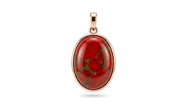 Elegant red jasper pendant with rose gold setting, oval gemstone necklace charm, luxury jewelry accessory isolated on white background
