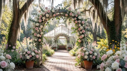 Fototapeta premium Floral arch made of roses and baby breath decorates garden path leading to greenhouse. Outdoor wedding venue awaits guests under mossy trees in sunlight.