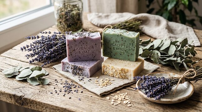 Handmade natural lavender and eucalyptus mint soaps displayed with dried lavender flowers and eucalyptus leaves.