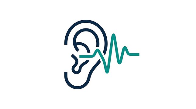 Minimalist ear icon with sound wave, hearing health symbol for audiology and medical testing, professional ear anatomy line art for sensory perception
