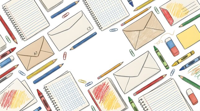Hand drawn school supplies and envelopes with center empty background