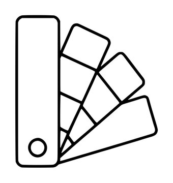 Hand-traced vector icon of a classic Pantone color swatch fan deck with rectangular paint sample strips and a circular pivot button, minimalist black line illustration