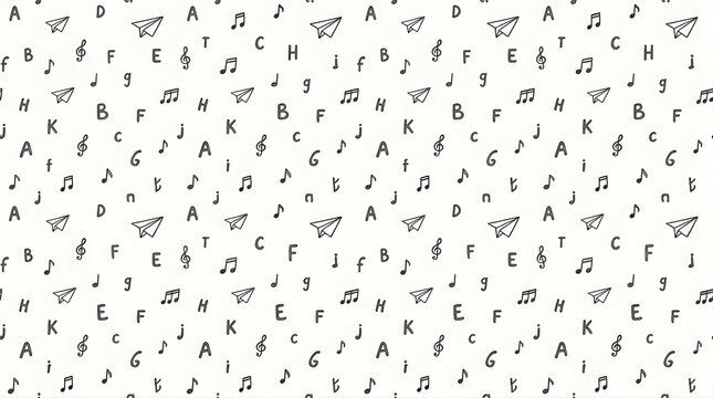 Hand drawn seamless pattern with paper planes, alphabet letters and notes
