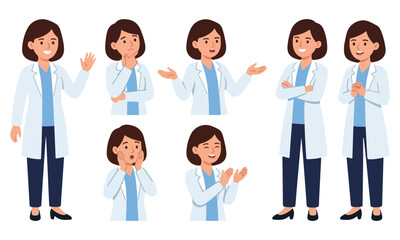 Obraz premium Female doctor character poses set. Woman medical doctor with different gestures and facial expressions. Flat vector illustration