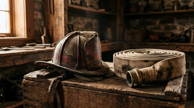 Vintage Fire Helmet and Ax on Rustic Wooden Workbench