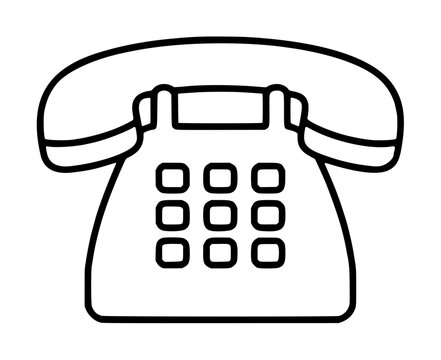 Vintage rotary telephone vector icon illustration, hand-drawn black outline clipart of a classic desk phone with push button dial and handset, retro communication symbol for graphic design