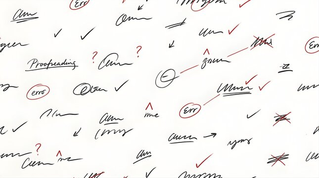 Handwritten proofreading marks and red ink corrections on white paper