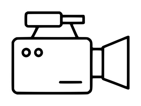 Hand traced vector icon illustration of a classic vintage video camera with top mounted microphone attachment, minimalist black outline line art style, perfect for film media broadcasting design