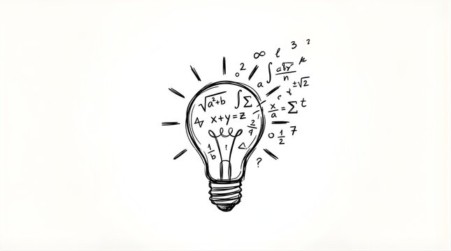 Light bulb doodle with hand drawn mathematical equations for innovation
