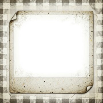 Vintage photo frame with curled corners on a gingham background.