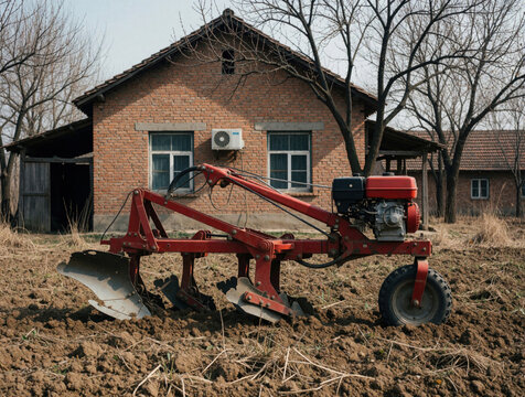 Red motor plow works on dry soil in farm field. Small agricultural machinery stands near brick house with windows. Farmer uses motorized cultivator for soil preparation in rural garden farmland.