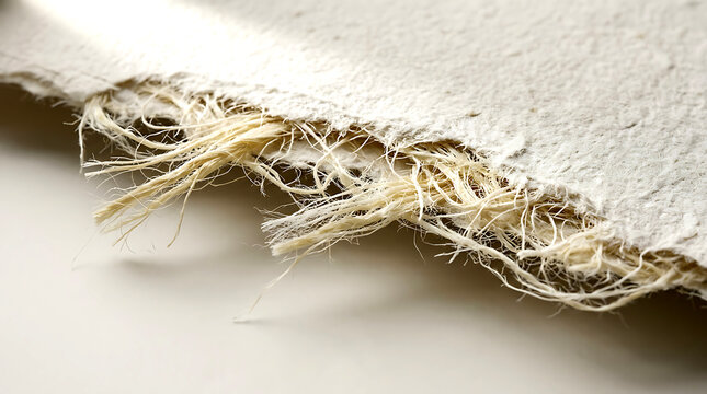Torn abaca paper revealing fibrous texture and raw edges, a close-up study of natural material
