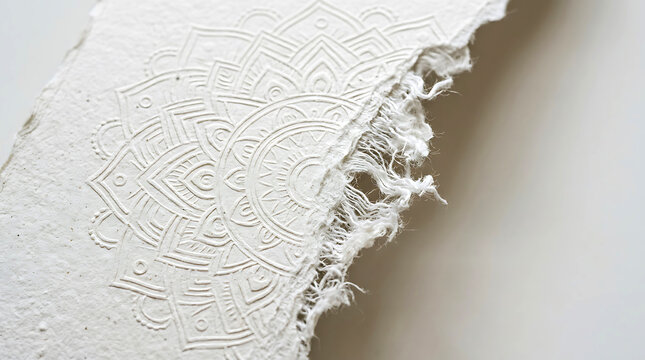 Torn raw cotton paper with embossed mandala pattern. textured surface, vintage aesthetic
