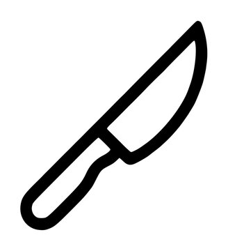 Hand-traced vector icon of a black steak knife illustration shown diagonally with a sharp pointed blade and a sturdy handle, minimalist kitchen utensil clipart, isolated on white background