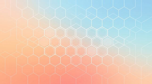 Abstract geometric hexagon pattern with soft gradient colors, pastel blue and orange tones, minimalist texture for web design, technology, science, or corporate presentation layout