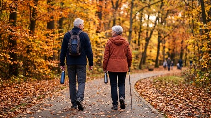 Obraz premium Elderly couple enjoys a scenic autumn walk through a park