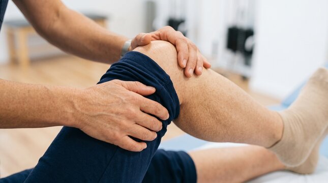Hands of a therapist gently examining a patient's knee.