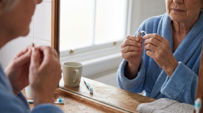 Senior woman adjusting her hearing aid in a bright bathroom mirror